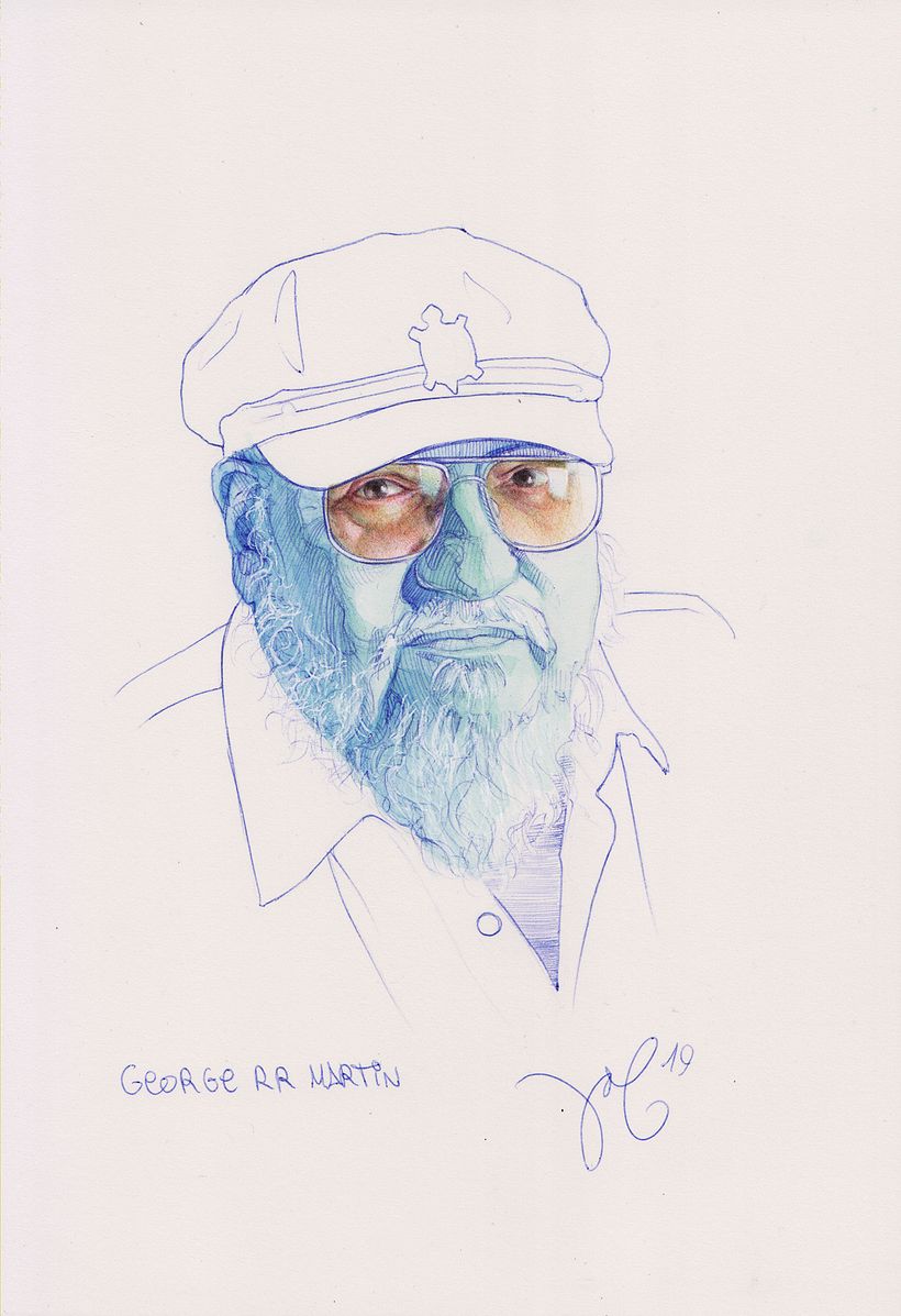 George R. R. Martin. Bolígrafos, acuarela, bolígrafo blanco. 18 x 24 cm.