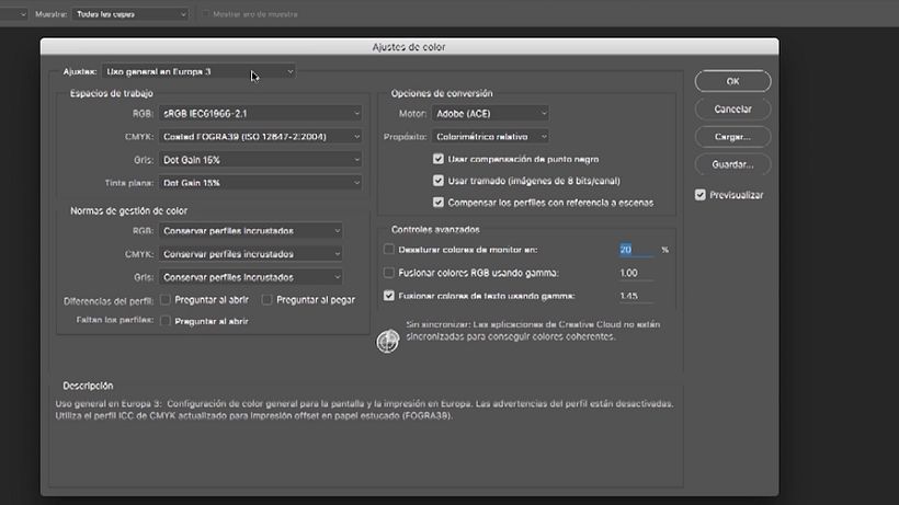 Ajustes de color en Adobe Photoshop para Europa