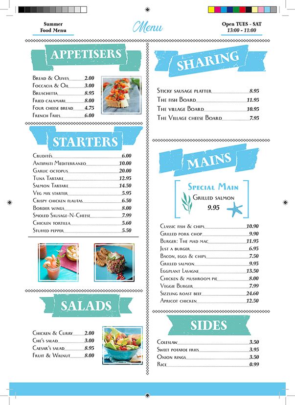 Diseño interior del menú con la temática de verano y su preparación para imprenta