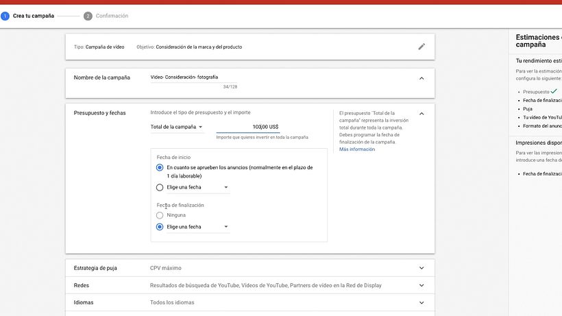 La pestaña de presupuesto de Google Ads