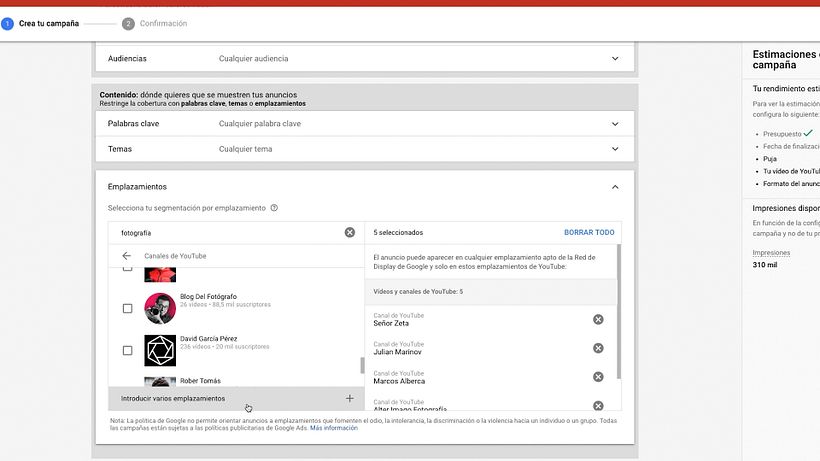 Seleccionando los emplazamientos de nuestro anuncio