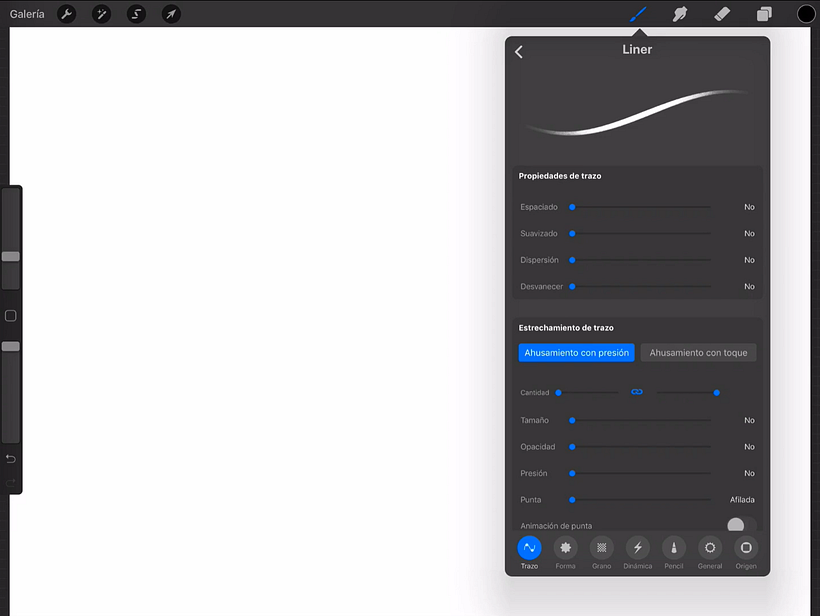 Interfaz de Procreate: pestañas de control