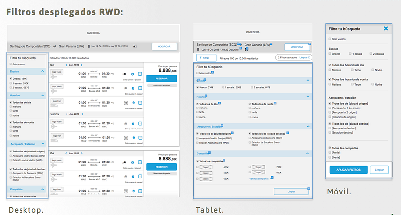 Wireframes de los filtros desplegados en todas sus resoluciones / dispositivos.