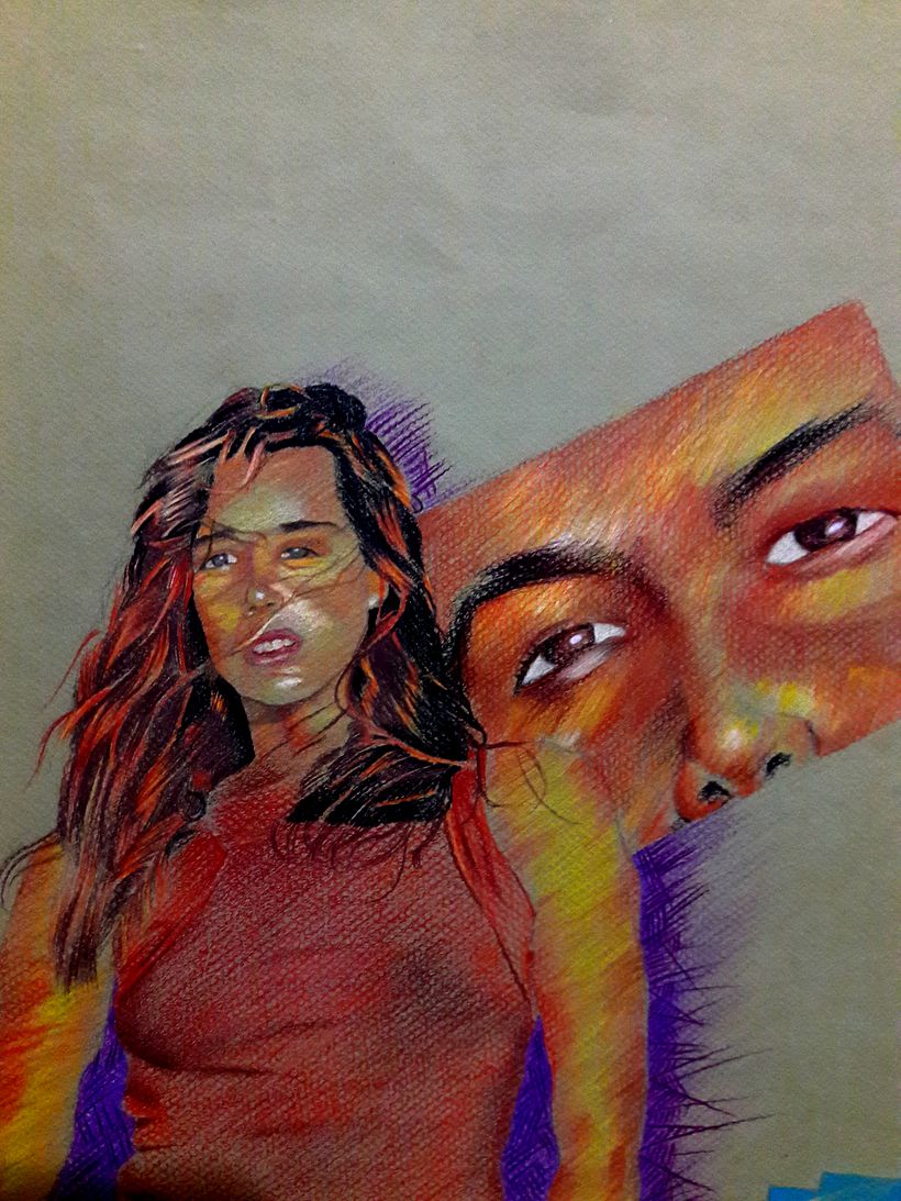 Mujer al aire libre (con detalle agrandado). Técnica: Lápiz de Color
