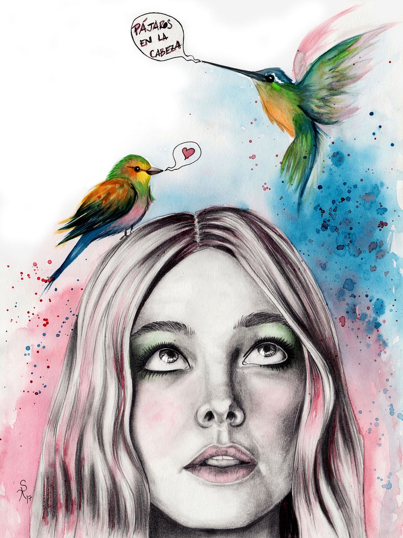 Pájaros en la cabeza - Lápiz y acuarela -1