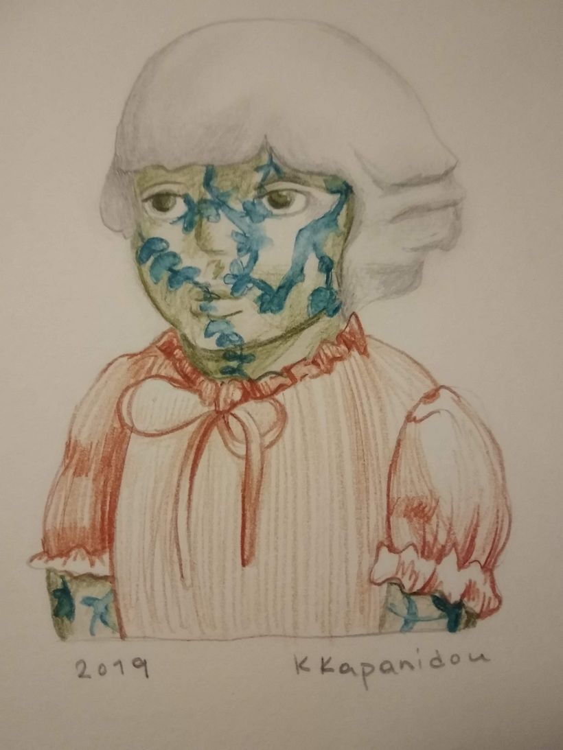 Porcelain doll with decoration of English plates design for my first attempt on flee markets.