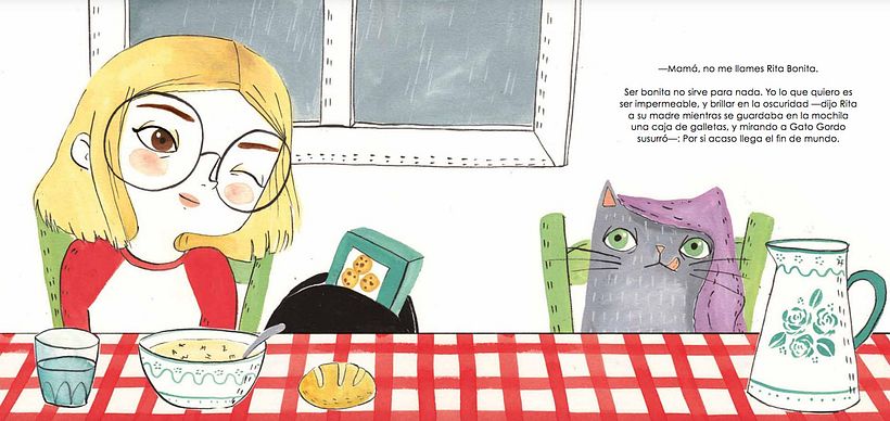 "Rita bonita, gato gordo y el fin del mundo". Texto: Amaya Ascunce, Ilustraciones: María Hesse Ed. Mosquito (2017).