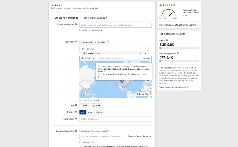 Here you can see the options offered by geographical segmentation