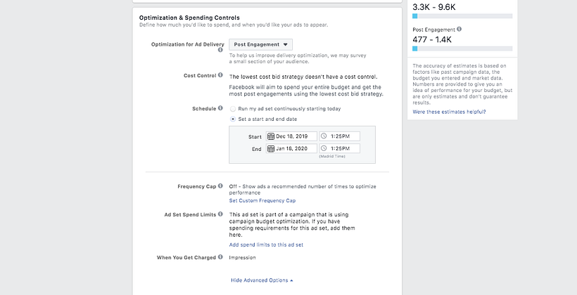 The schedule button allows us to define when our ad will appear