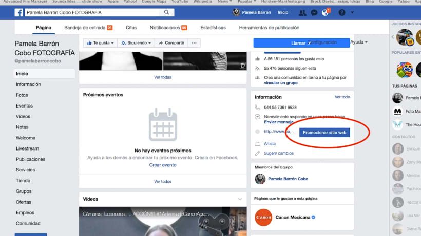 Evite o botão "promocionar página web", marcado em vermelho