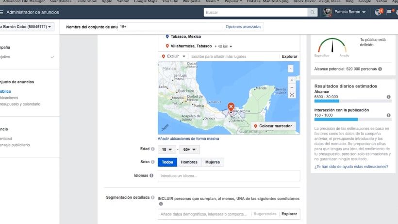 Opções de segmentação por idade e sexo