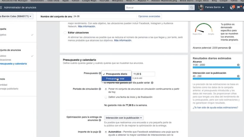 Em "Orçamento e calendario" contamos com várias opções para gerenciar nossa inversão