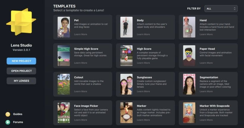 Lens Studio interface, with the 'NEW PROJECT' option and templates on the right
