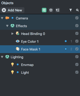 A aba 'Objects', com 'Head Binding', 'Eye Color' e 'Face Mask' adicionados