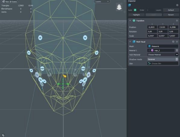 Na direita da interface, as abas 'Transform' e 'Mesh Visual'