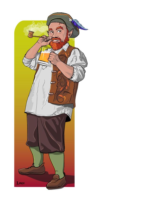 Ilustración Final terminada. El leprechaum pasándoselo muy bien con su pipa y su cerveza.