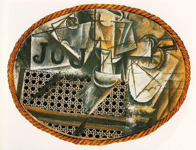 Pablo Picasso, Naturaleza muerta con silla de rejilla (1912)