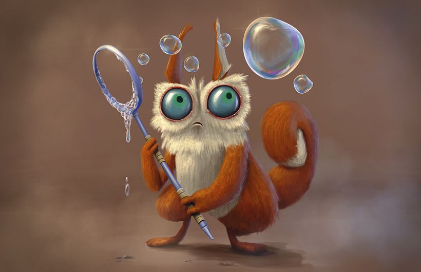 A little squirrel creature discovering bubbles