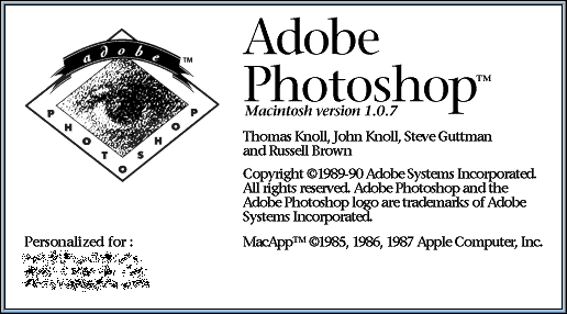 Pantalla de inicio de Adobe Photoshop en 1990