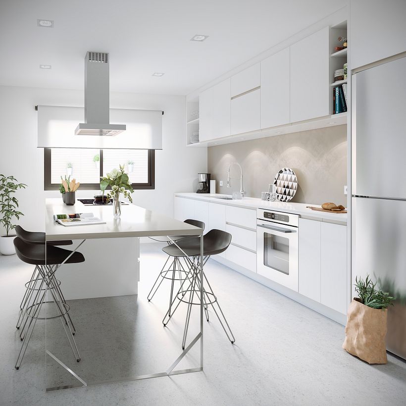 Cocina con espacio de trabajo exento