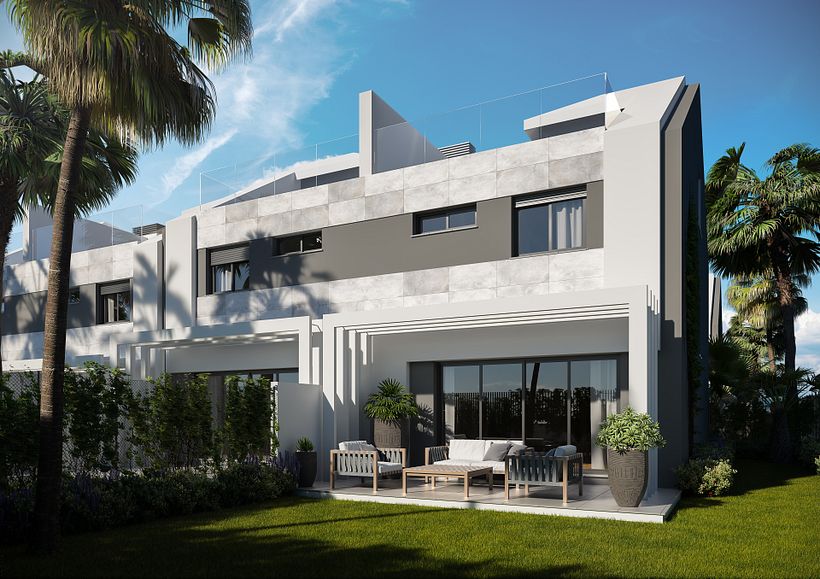 Fachada de vivienda con jardín trasero