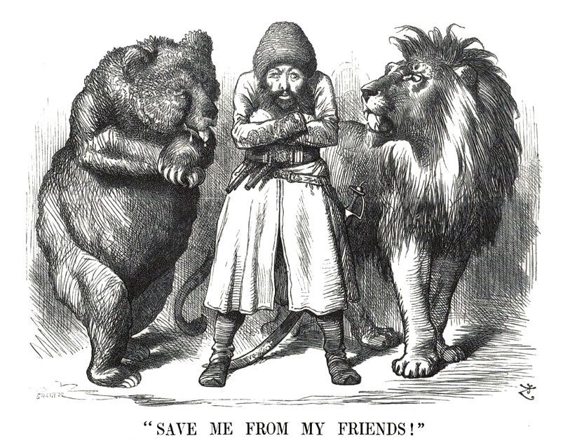 John Tenniel, The Great Game: the Afghan Emir Sher Ali Khan with his “friends” Russia and Great Britain (1878)