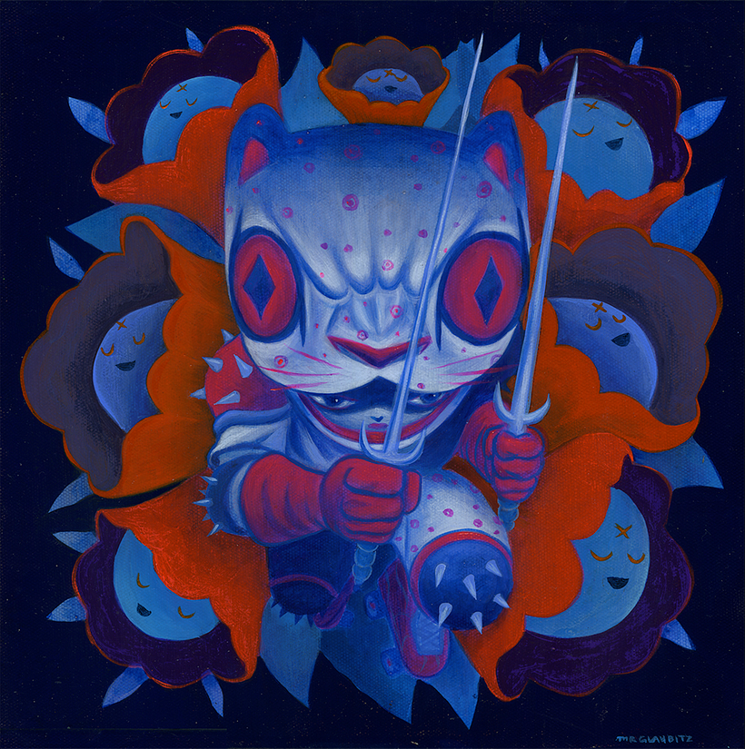 "Little Miss Jaguar Garden/Jardín Pequeña Señorita Jaguar" 12 x 12 pulgadas acrylico y acryla gouache sobre canvas.