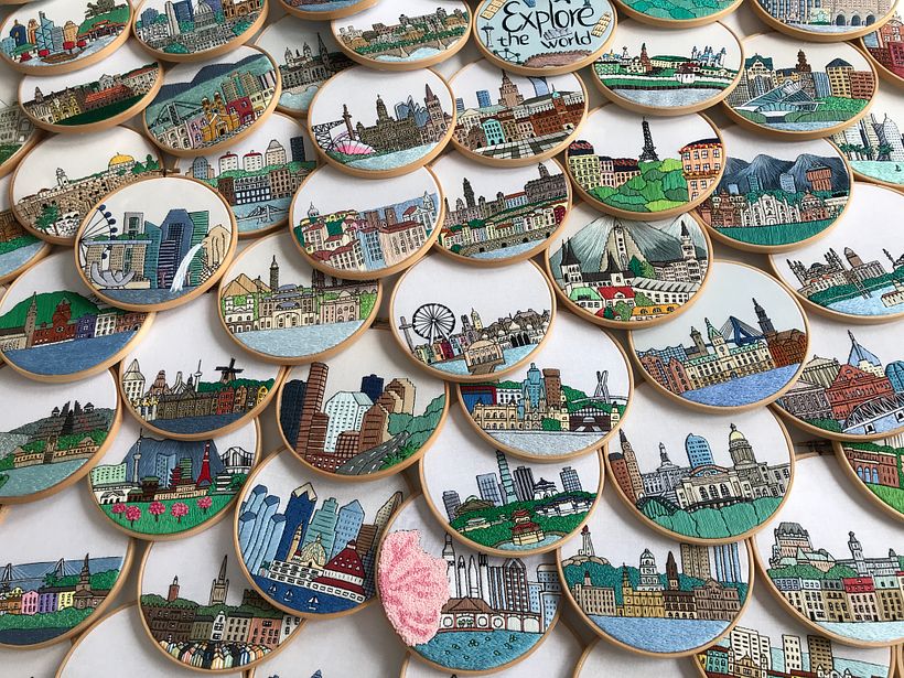 Series of city hand embroideries 0