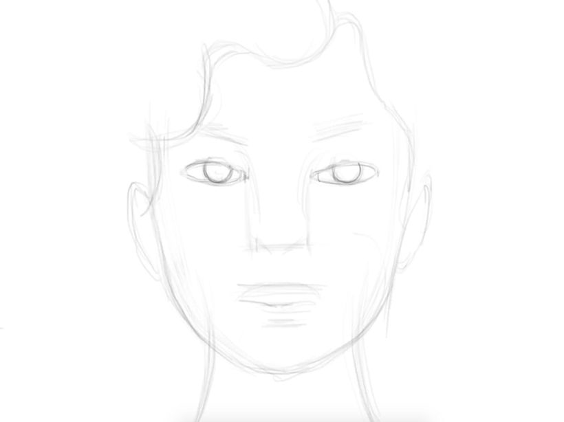After having the large shape where I would like it, I begin filling in the smaller facial features. Line work only.