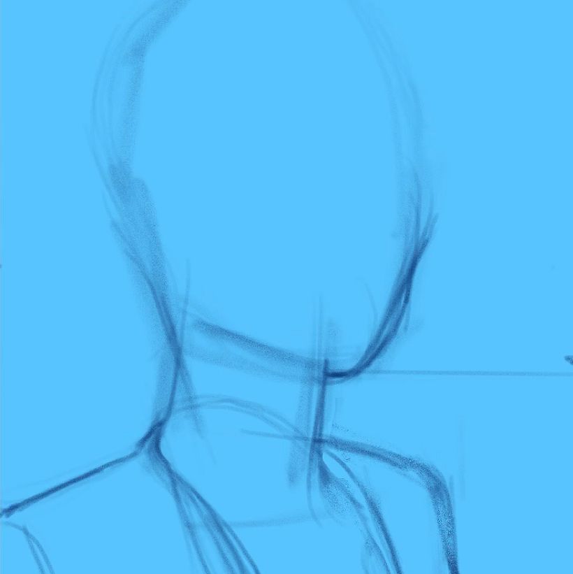 Zuerst habe ich mit einem blauen Hintergrund begonnen, da ich weiß, dass mein Thema Eis und Feuer sein wird. Dann beginne ich mit der Linienskizze.