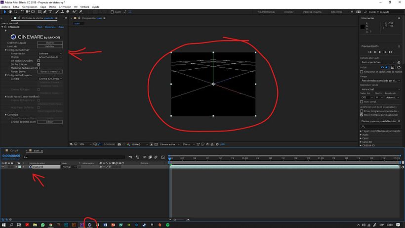 Aqui esta abierto Cinema 4D y no se muestra nada en Ae.