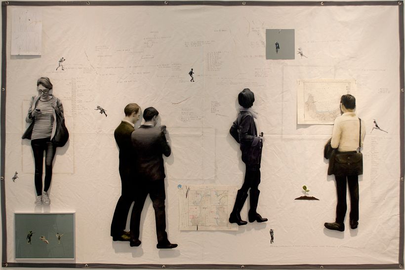 "Habitar el mundo" , óleo sobre siluetas acrílicas 5 mm, mapas y vidrio sobre soporte de genero . 2015