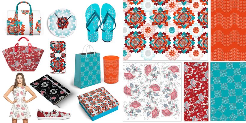 Estampas creadas para mi marca personal y aplicada a productos variados.