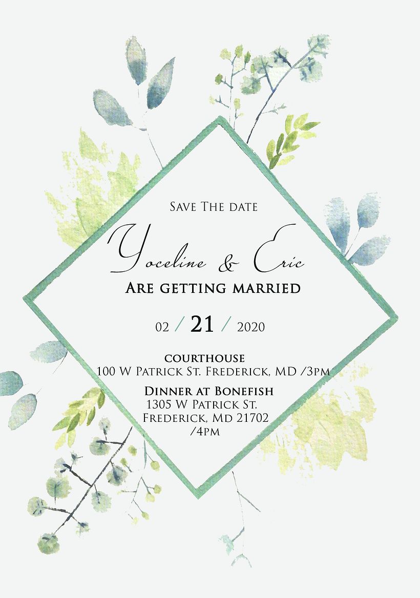 Invitación de boda con tonos verdes y azules .