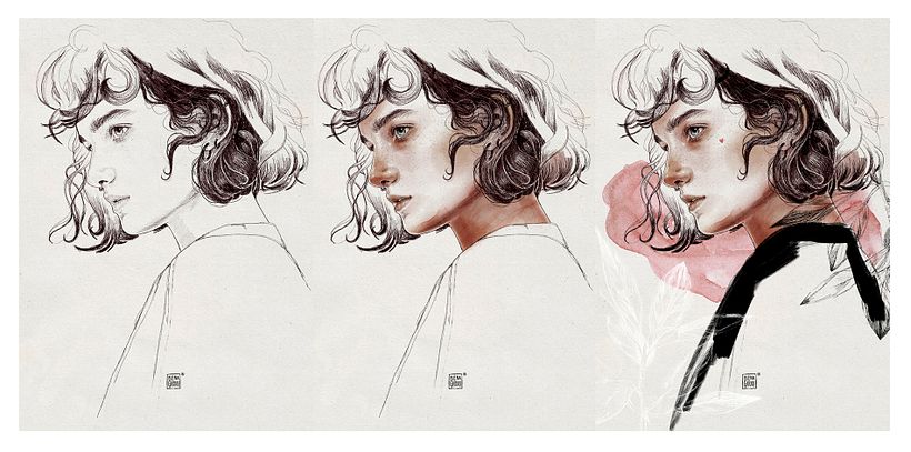 Tres pasos del proceso de creación de esta ilustración. Creada con Procreate.