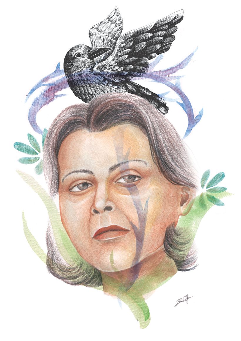 Retrato ilustrado en acuarela - Blanca Varela en Casa de cuervos 11