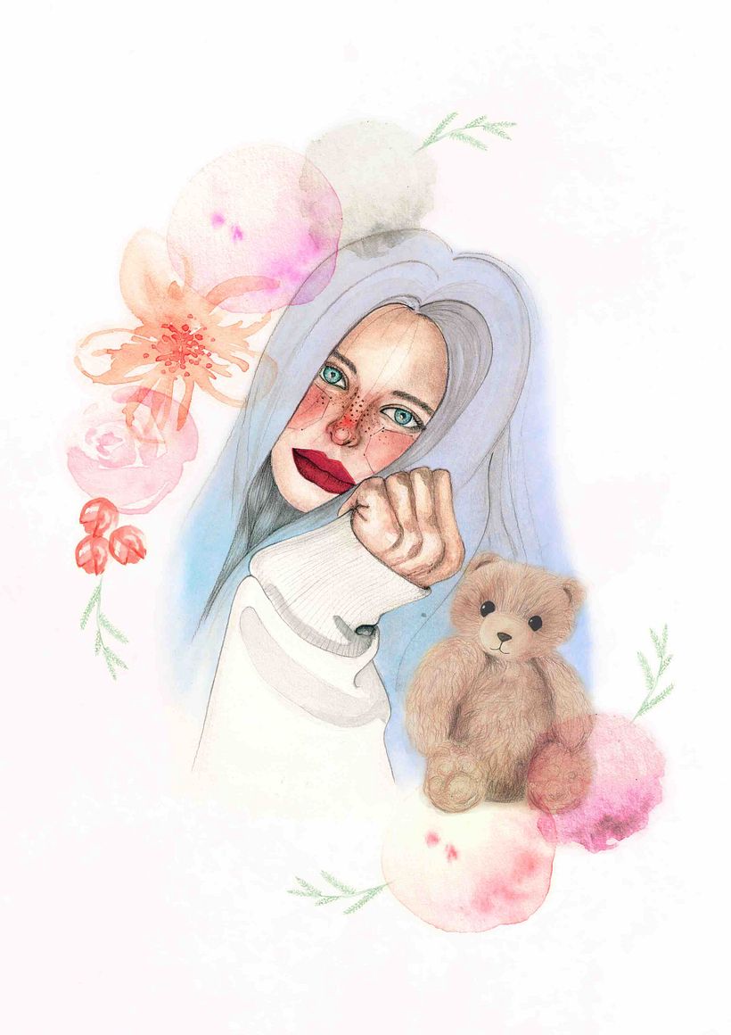 Girl with fluffy bear - my project in Illustrated Portrait in Watercolor course 0