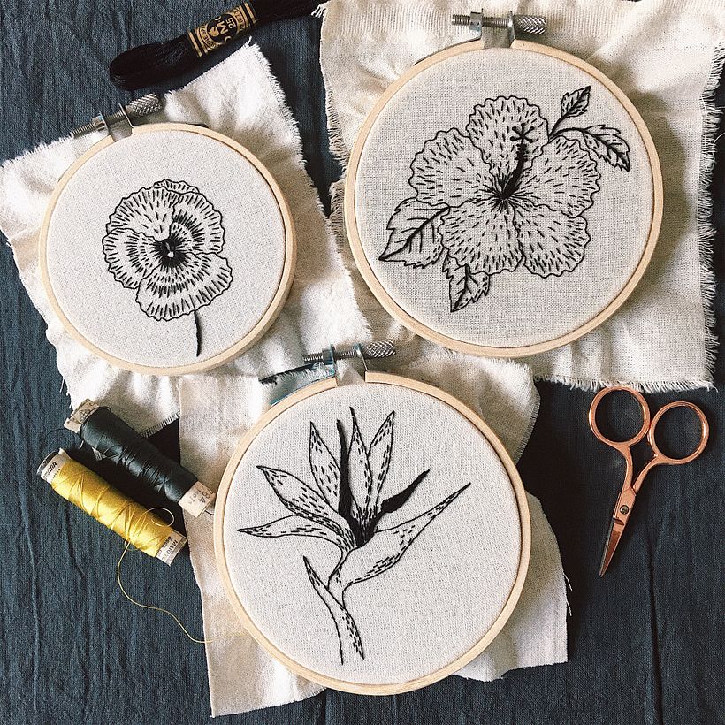 Ilustraciones botánicas bordadas a mano - Estilo grafito