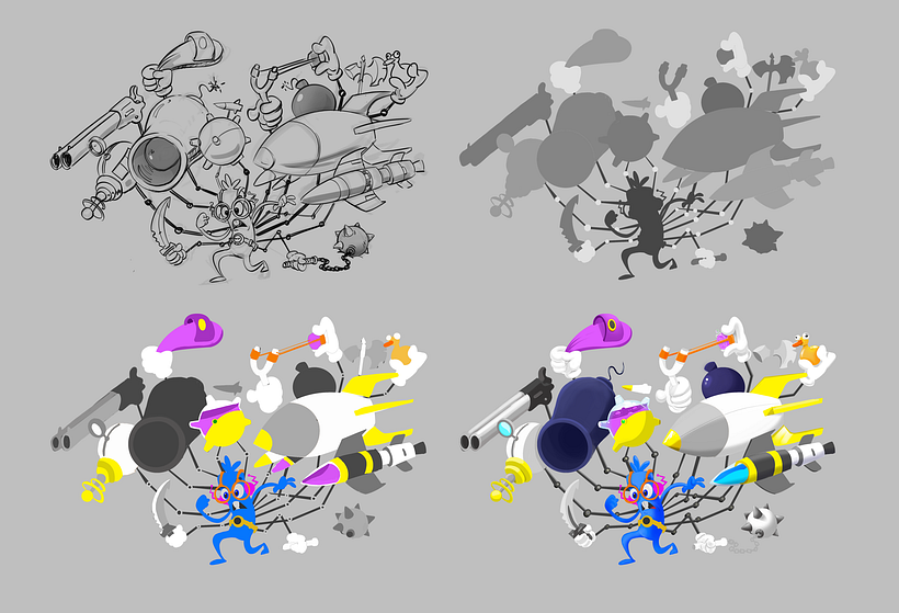 Painting Process:  Sketch , Blocking Silhouette, Flat Colors , First pass of Volume. 