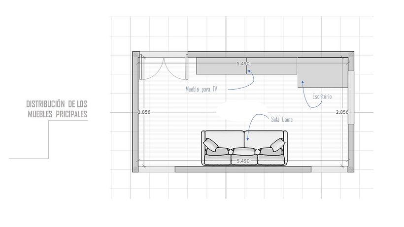 El mueble para la TV y escritorio es flotante, siendo una sola pieza de madera pino y metal hecha a medida. 