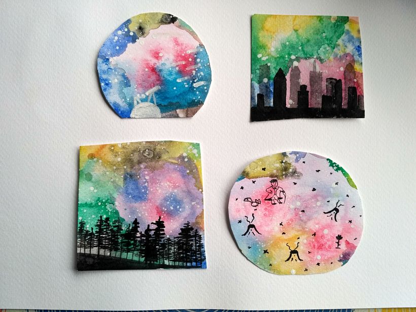 No me gustaba mi primera Galaxia, así que recorté el papel e hice pequeñas ilustraciones. Nunca hay que tirar una acuarela!!