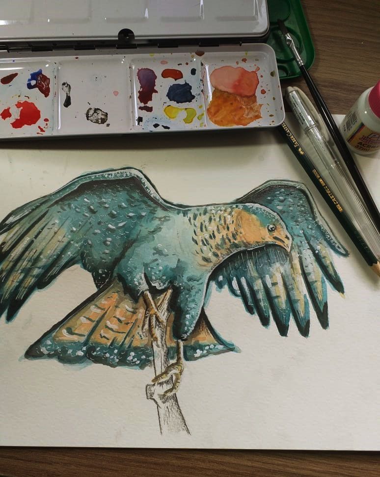 Carcará em processo: Usei Papel de 300g, tinta PVA (branca), Lápis 6B e Caneta branca. 