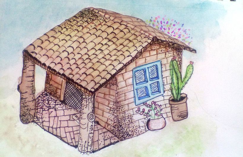 Ilustracion en acuarela y estilografo, casa tradicional 