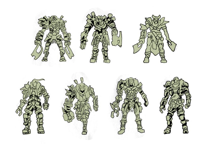 Primeras siluetas jugando con el concepto de bárbaro y cyberpunk.