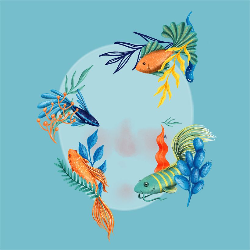 Peces ornamentales en círculo azul - 3D