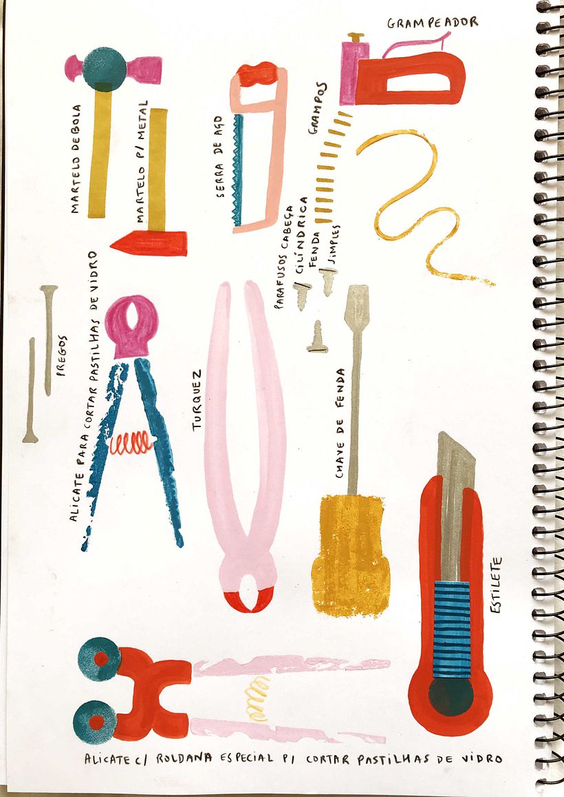 tools / carimbo + lápis de cor + pintura + recorte/colagem + marcador