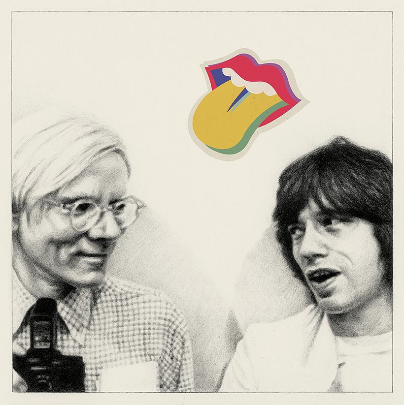 "Pop heroes". Díptico de dibujo en grafito de Andy Warhol y Mick Jagger, e ilustración vectorial. 0