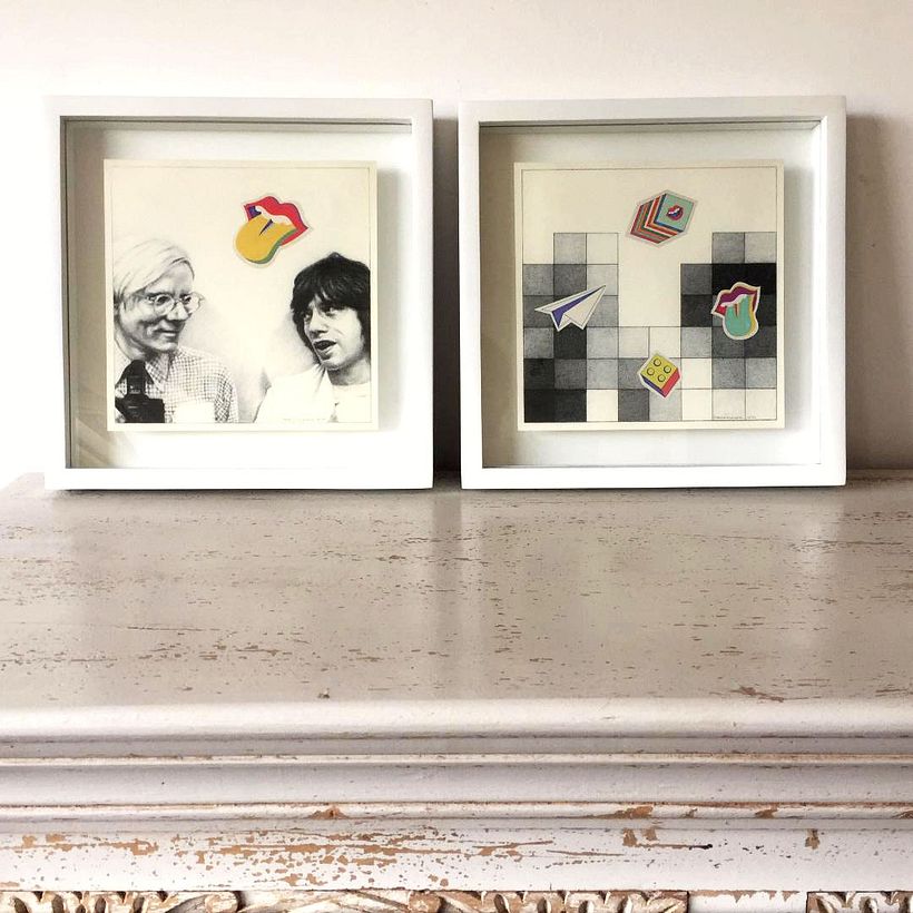 "Pop heroes". Díptico de dibujo en grafito de Andy Warhol y Mick Jagger, e ilustración vectorial. 1