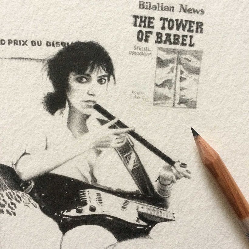 "Patti Smith". Dibujo en grafito e ilustración vectorial. 2