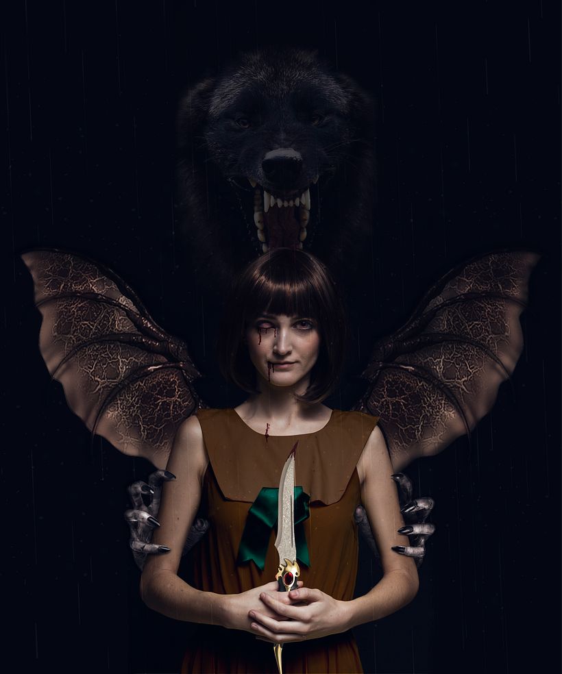 Jugué un poco con los tonos para unificar la foto con las alas, solo use un ojo dark para dar la sensación de víctima